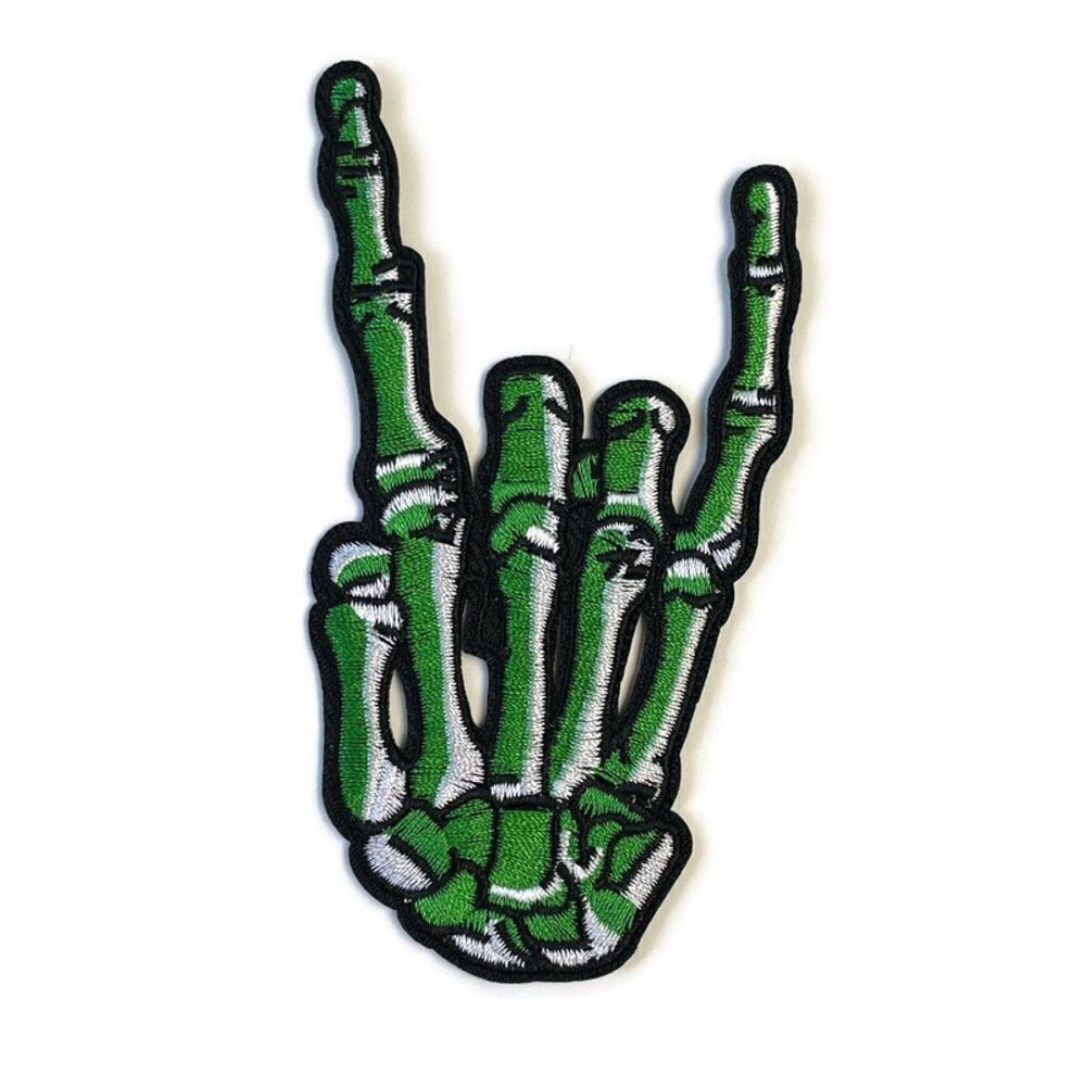 Rock On Green Skeleton Hand Bone Embroidered Patch